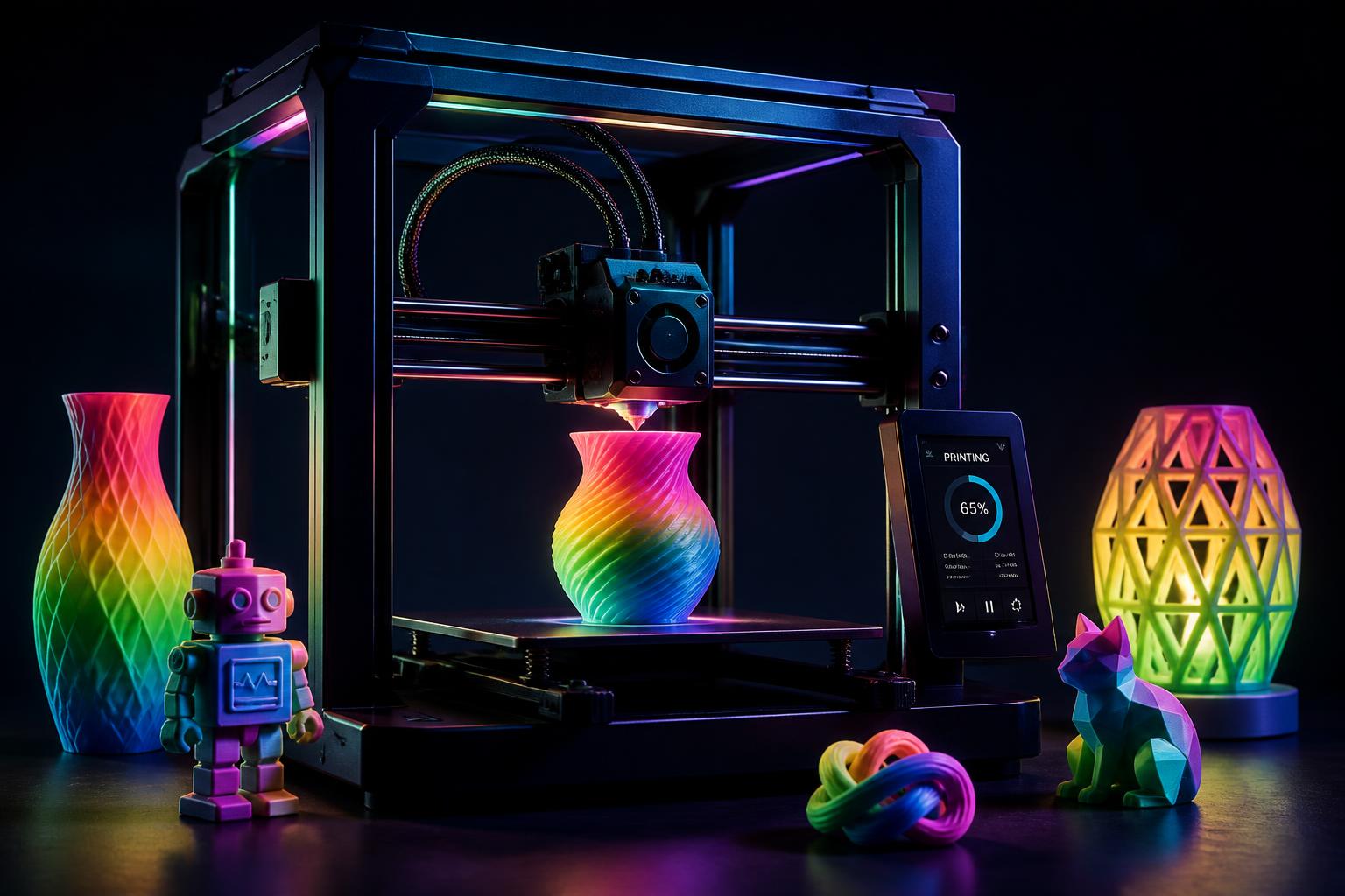 A 3D printer creating colorful printed objects in a dark studio
