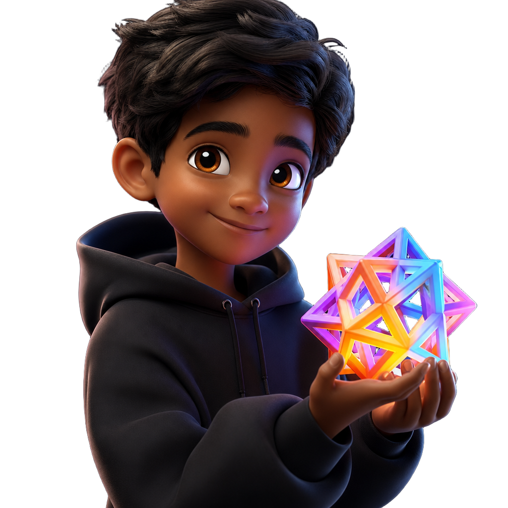 3D illustration of Shaanzeb holding a colorful 3D-printed creation